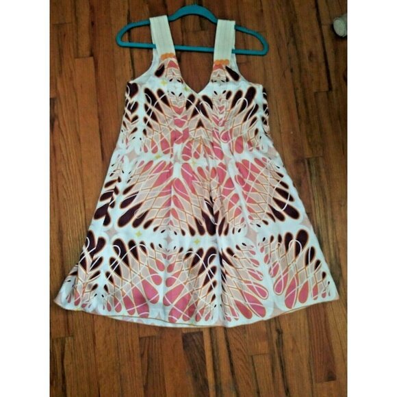 Womens Geometric print dress NELA XS/S sleeveless swing dress ivory brown pink - Picture 3 of 8